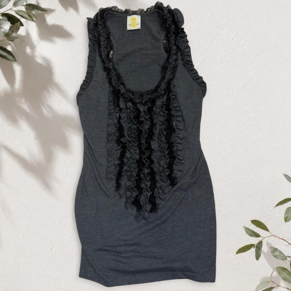 Sugar Lips Y2K Gray Ruffle Tank Top Black Lace Trim Edgy Grunge Large